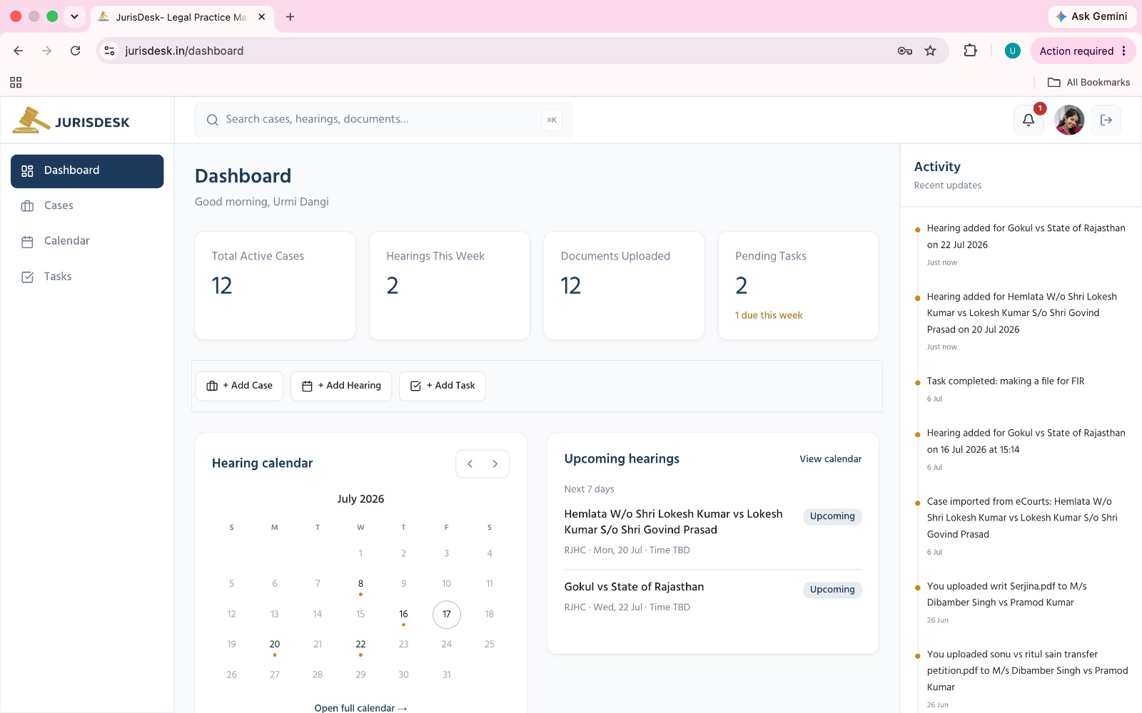 JurisDesk dashboard showing active cases, hearings, tasks, calendar, and recent activity